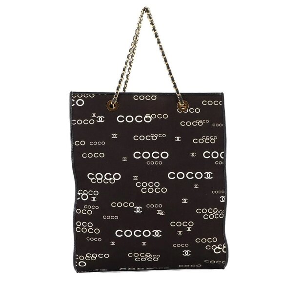 CHANEL Coco Logos Chain Tote Bag Canvas White Black Vintage 90280663 - Picture 1 of 8